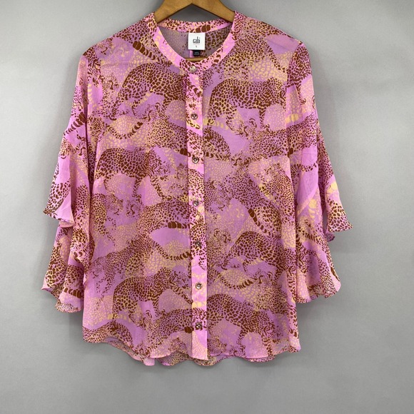 CAbi Tops - Cabi Cheetah Blouse Women Large Pink Linx Leopard Print Ruffle Sleeve Sheer 5711